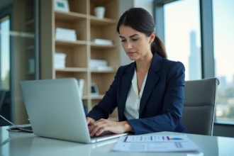 Conseillère financière examinant des documents de recouvrement de crédit dans un bureau professionnel en 2026