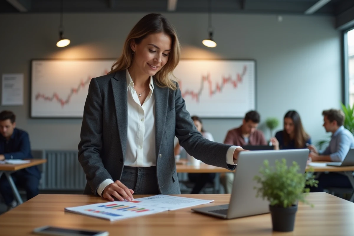 Conseillère en investissement analysant un rapport de sélection de portefeuille d'actions en équipe