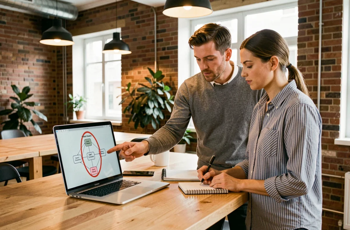Deux consultants IT collaborant pour résoudre un problème de connexion CMUT Direct sur un ordinateur portable en espace de coworking