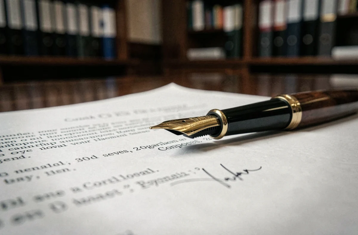 Gros plan d'un contrat professionnel et d'un stylo plume sur un bureau en bois, évoquant la signature d'accords financiers dans les médias
