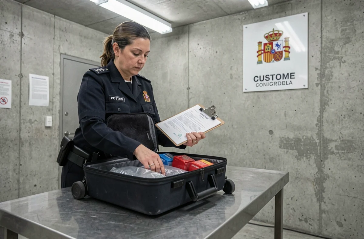Douanière espagnole contrôlant des cartouches de cigarettes dans les bagages d'un voyageur à la frontière