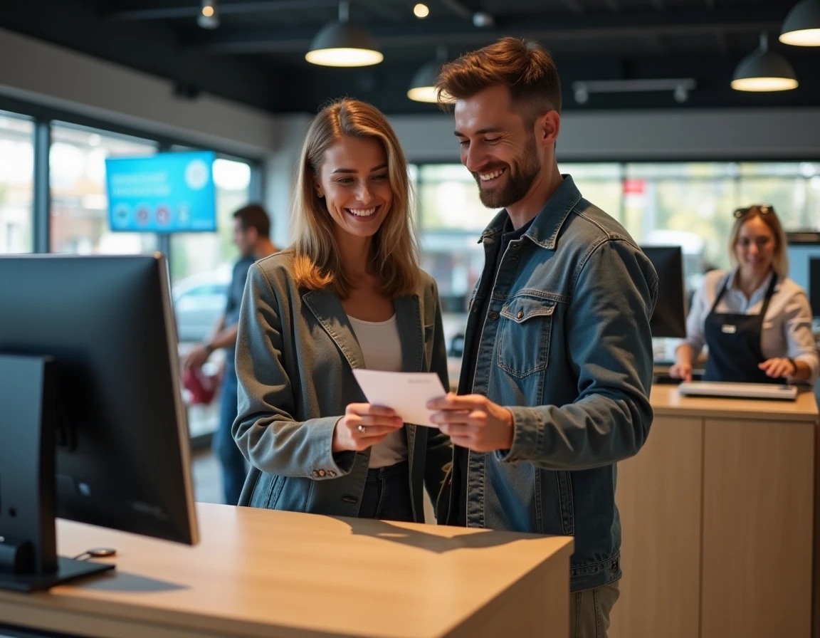 Couple finalisant un achat en paiement 4 fois sans frais à la caisse d'un magasin Boulanger