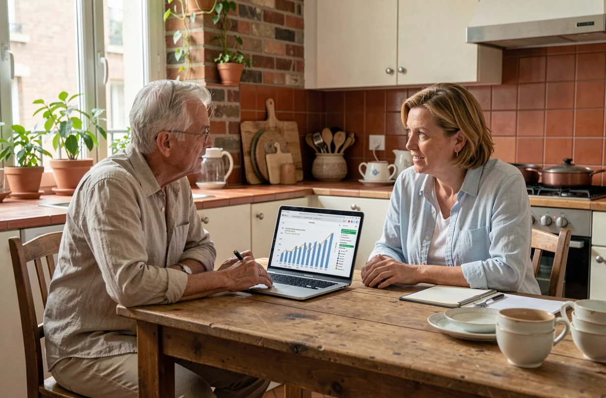 Couple consultant un conseiller financier pour choisir une SCPI à domicile