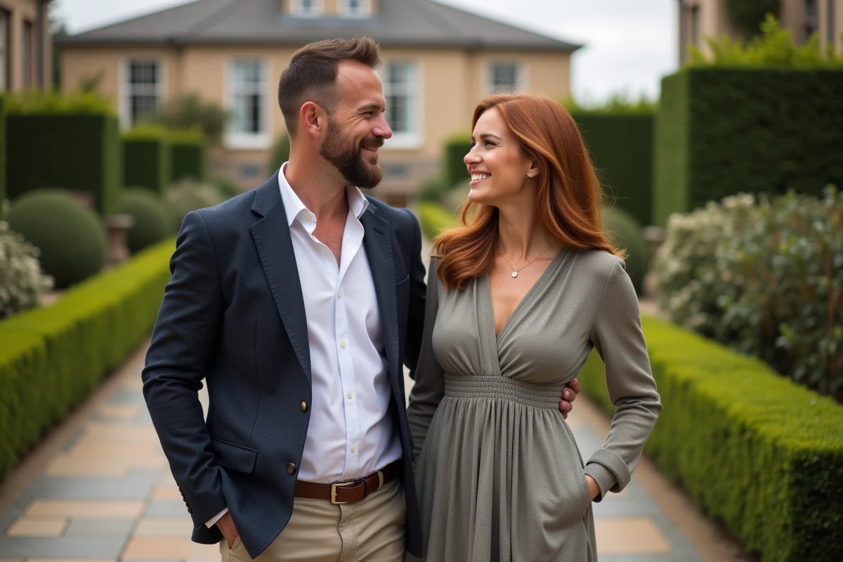Couple souriant dans un jardin élégant en extérieur