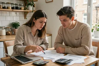 Jeune couple en colocation étudiant des documents APL à la table de cuisine de leur appartement