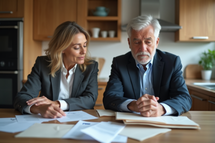 Couple d'adultes en réflexion avec documents financiers
