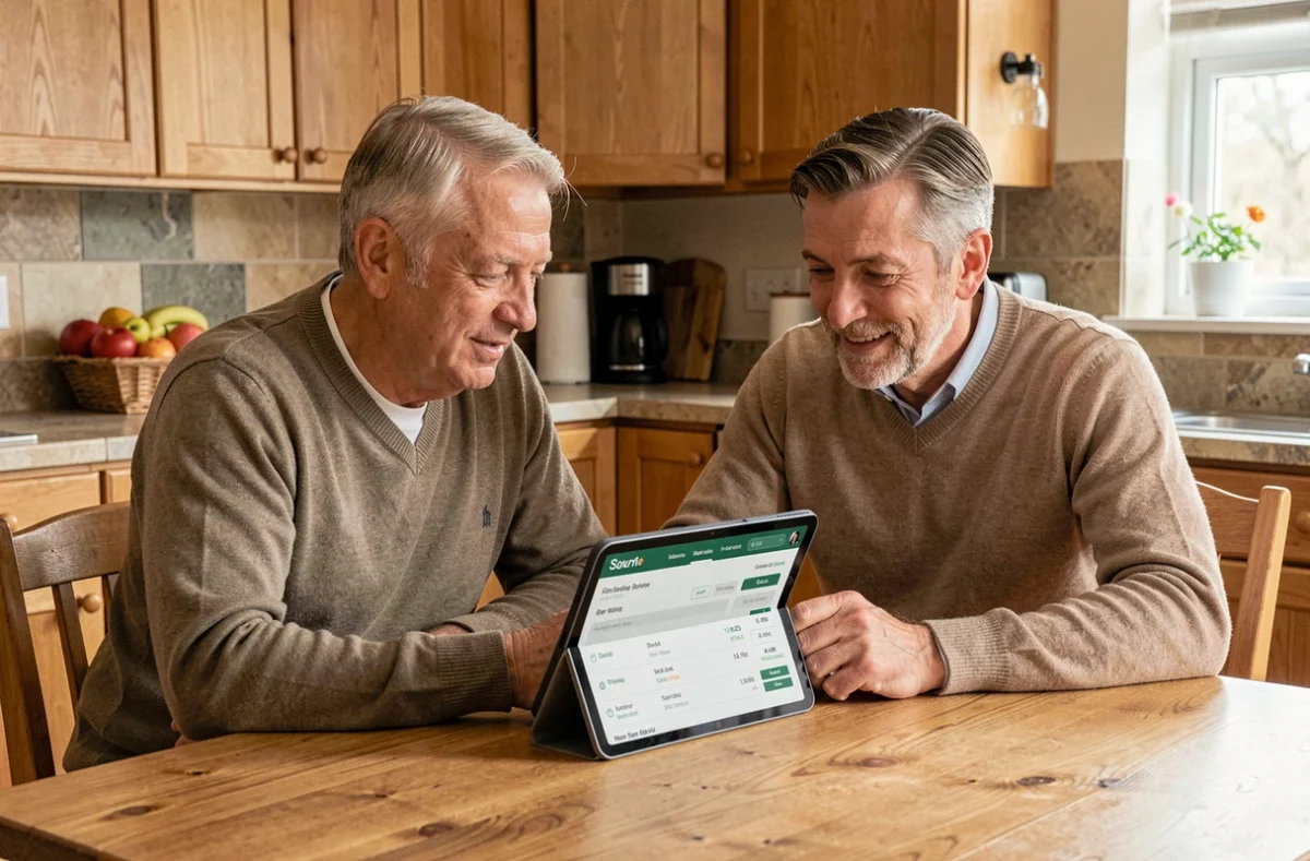 Couple gérant leurs finances en ligne sur tablette via le site LCL particuliers dans leur cuisine