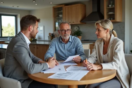 Couple français discutant avec agent immobilier dans une maison moderne