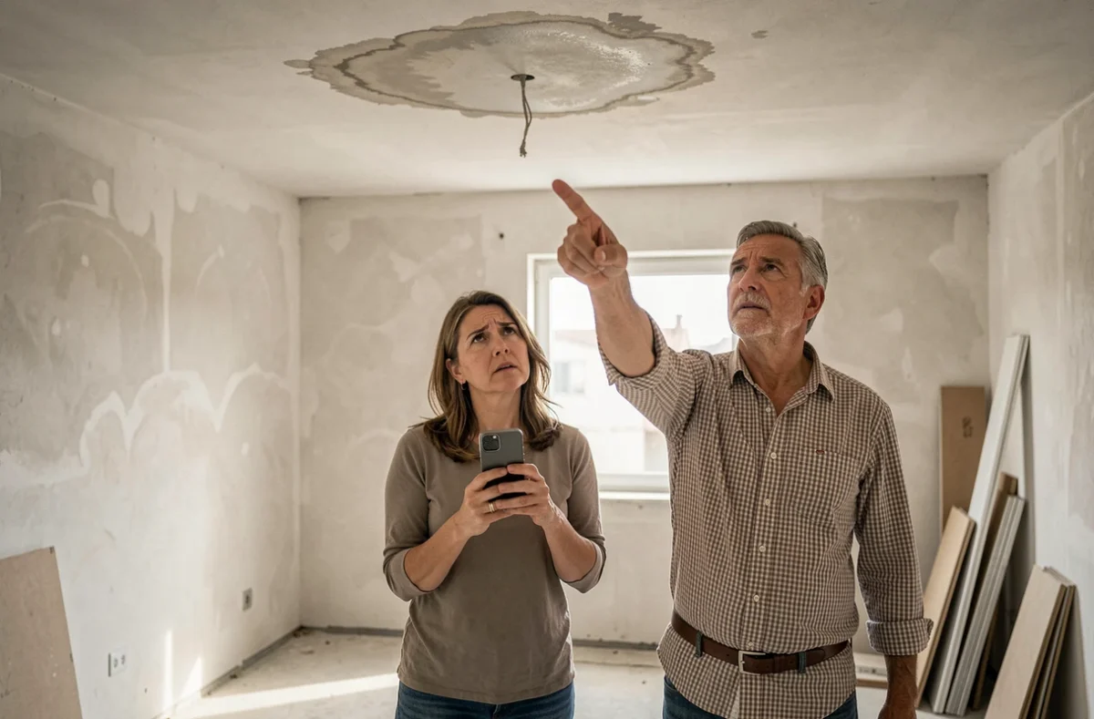 Couple constatant une infiltration d'eau au plafond dans une maison neuve couverte par la garantie décennale