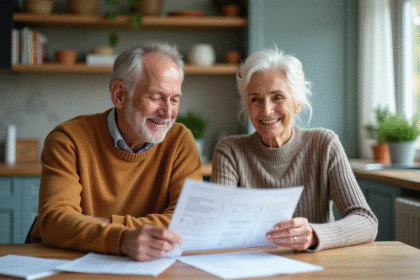 Couple retraités souriants examinant des documents financiers