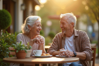 Couple senior souriant buvant café en terrasse ensoleillée