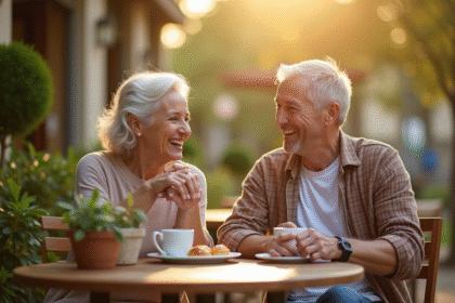 Couple senior souriant buvant café en terrasse ensoleillée
