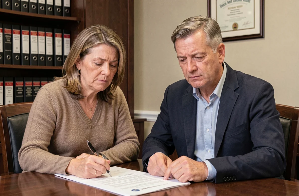 Couple signant les documents d'assurance emprunteur lors d'un rachat de crédit chez un courtier