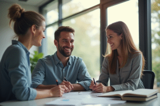 Couple souriant signant un contrat de prêt immobilier