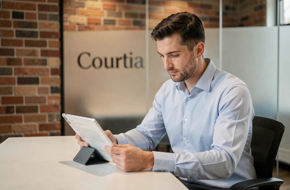 Courtier Courtia en agence examinant un dossier de crédit immobilier