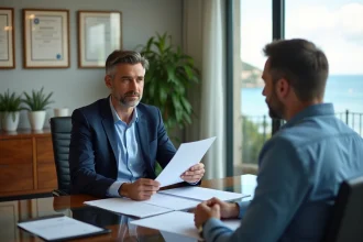 Courtier en assurance à Nice conseillant un client dans un bureau moderne avec vue sur la mer
