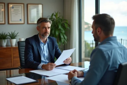 Courtier en assurance à Nice conseillant un client dans un bureau moderne avec vue sur la mer
