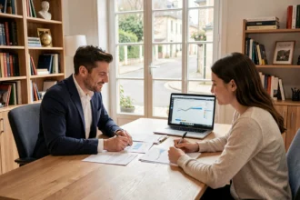 Courtier en crédit immobilier conseillant un couple dans l'Indre