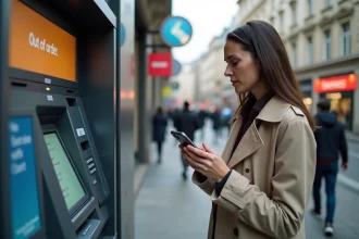 Femme frustrée devant un distributeur automatique hors service en ville tenant sa carte bancaire