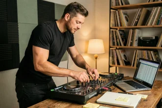 DJ assis dans son studio home, calculant ses cachets sur un ordinateur portable avec un contrôleur DJ et des notes autour de lui
