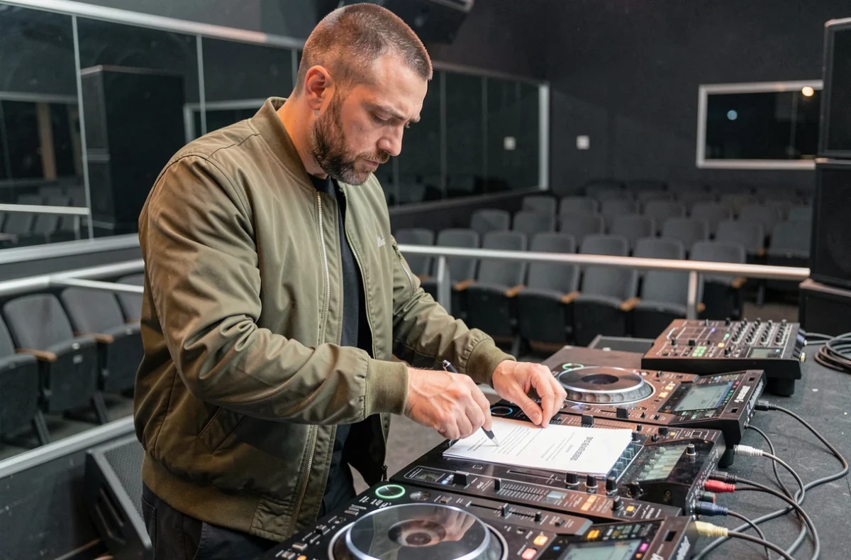 DJ masculin signant un contrat de prestation sur sa table de mixage dans une salle de concert vide lors d'une balance