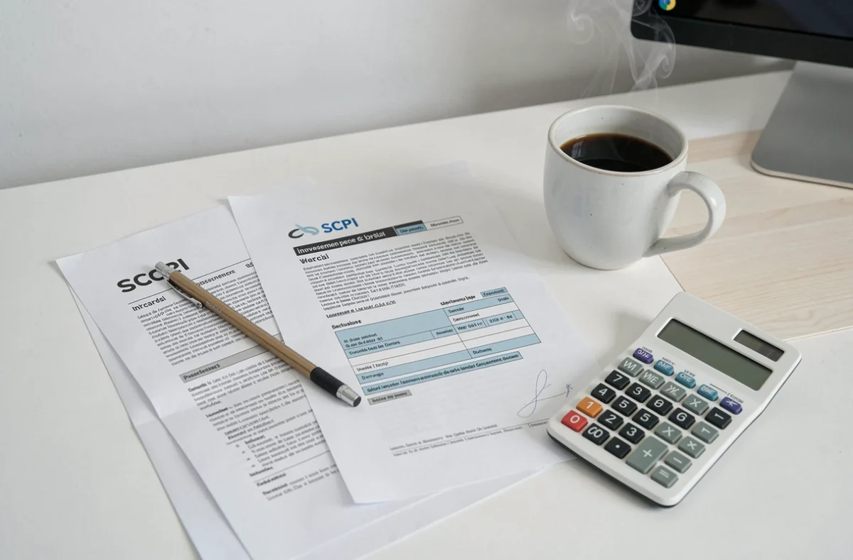 Vue aérienne de documents fiscaux SCPI et formulaire d'impôt sur un bureau minimaliste