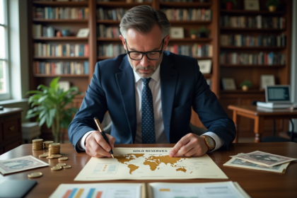 Economiste en costume bleu étudiant un graphique d or mondial