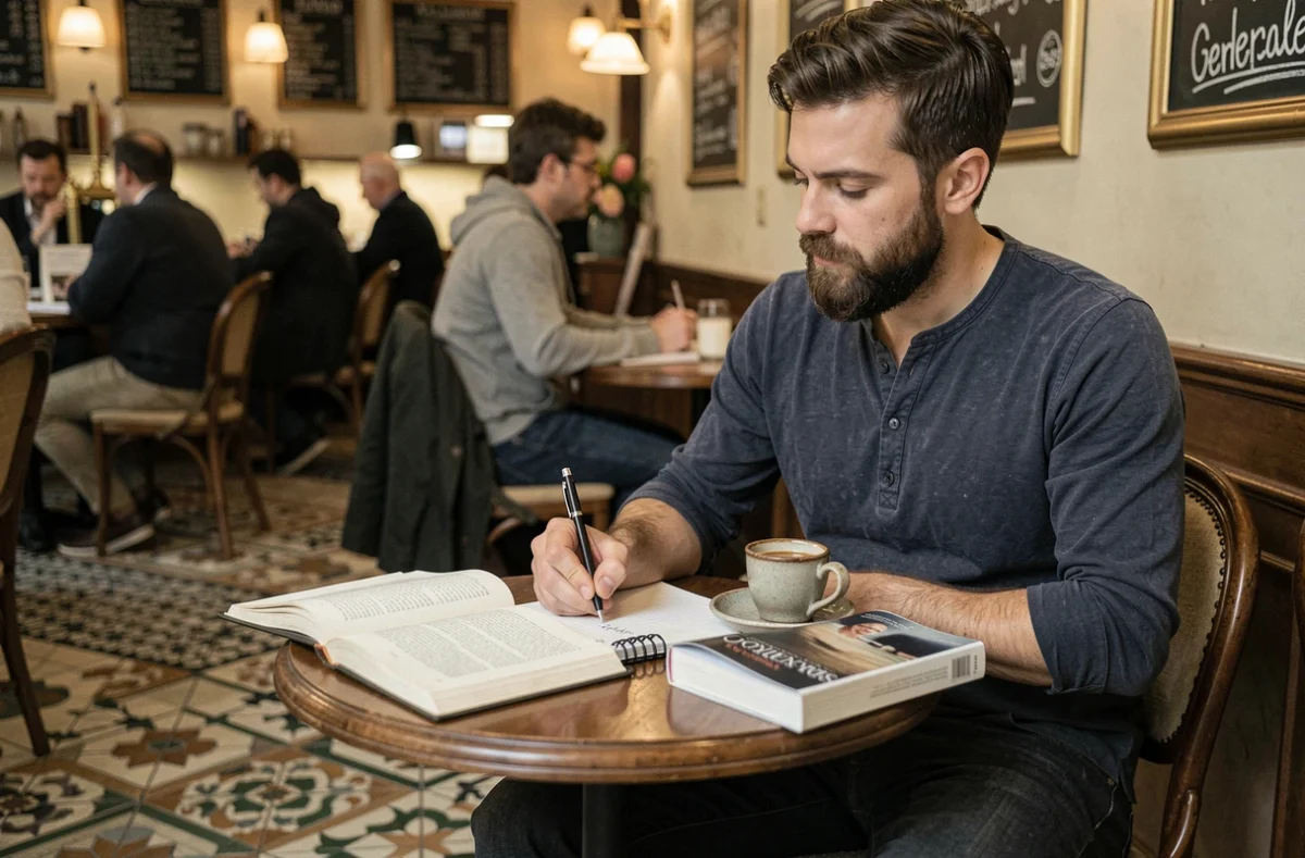 Écrivain prenant des notes dans un café parisien, illustrant la réalité du métier d'auteur au quotidien