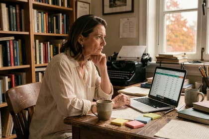 Écrivaine dans son bureau à domicile consultant ses revenus d'auteur sur un ordinateur portable entouré de manuscrits