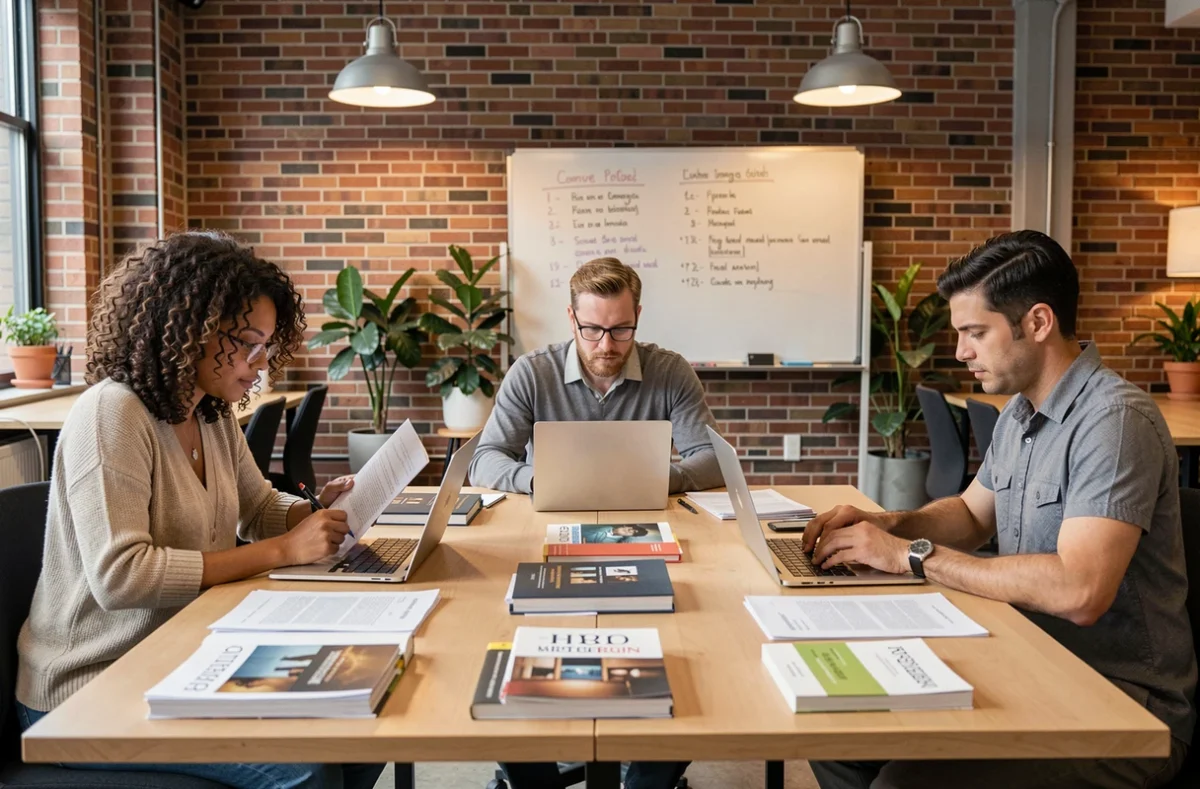Groupe d'écrivains travaillant dans un espace de coworking entourés de manuscrits et de contrats d'édition