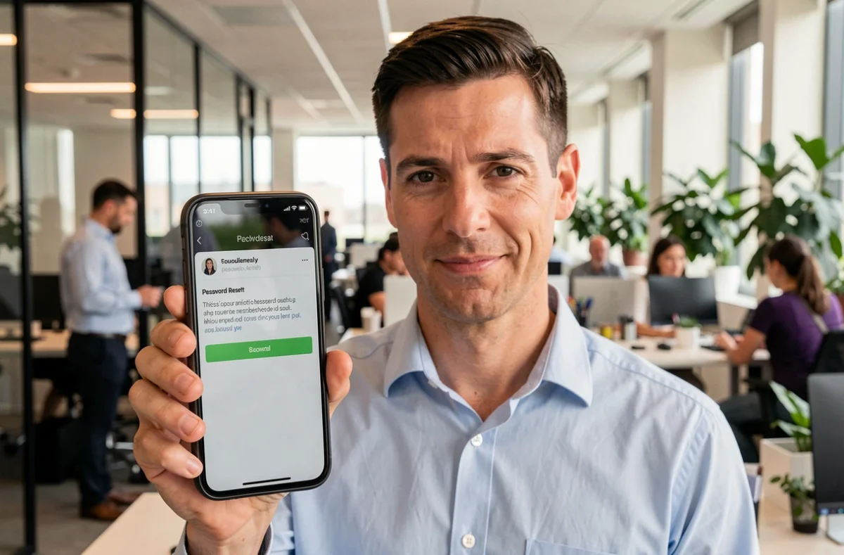 Homme consultant un email de réinitialisation de mot de passe sur son smartphone dans un bureau professionnel