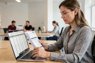Employée de bureau analysant un bulletin de paie avec calcul en heures centièmes sur un ordinateur portable