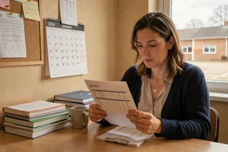 Enseignante de l'éducation nationale consultant sa fiche de paie avec un calendrier 2026 en arrière-plan dans une salle des professeurs