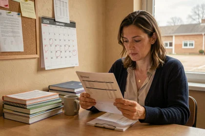 Enseignante de l'éducation nationale consultant sa fiche de paie avec un calendrier 2026 en arrière-plan dans une salle des professeurs