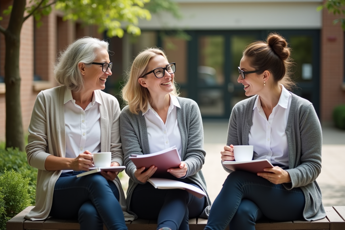 Trois enseignantes discutant de documents de pension dehors