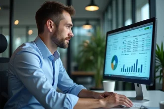 Entrepreneur consultant son tableau de bord bancaire professionnel sur le logiciel Progéliance Net de la Société Générale depuis un ordinateur de bureau en open space