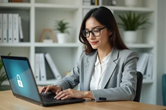 Femme connectée à un espace client sécurisé sur ordinateur portable dans un bureau moderne