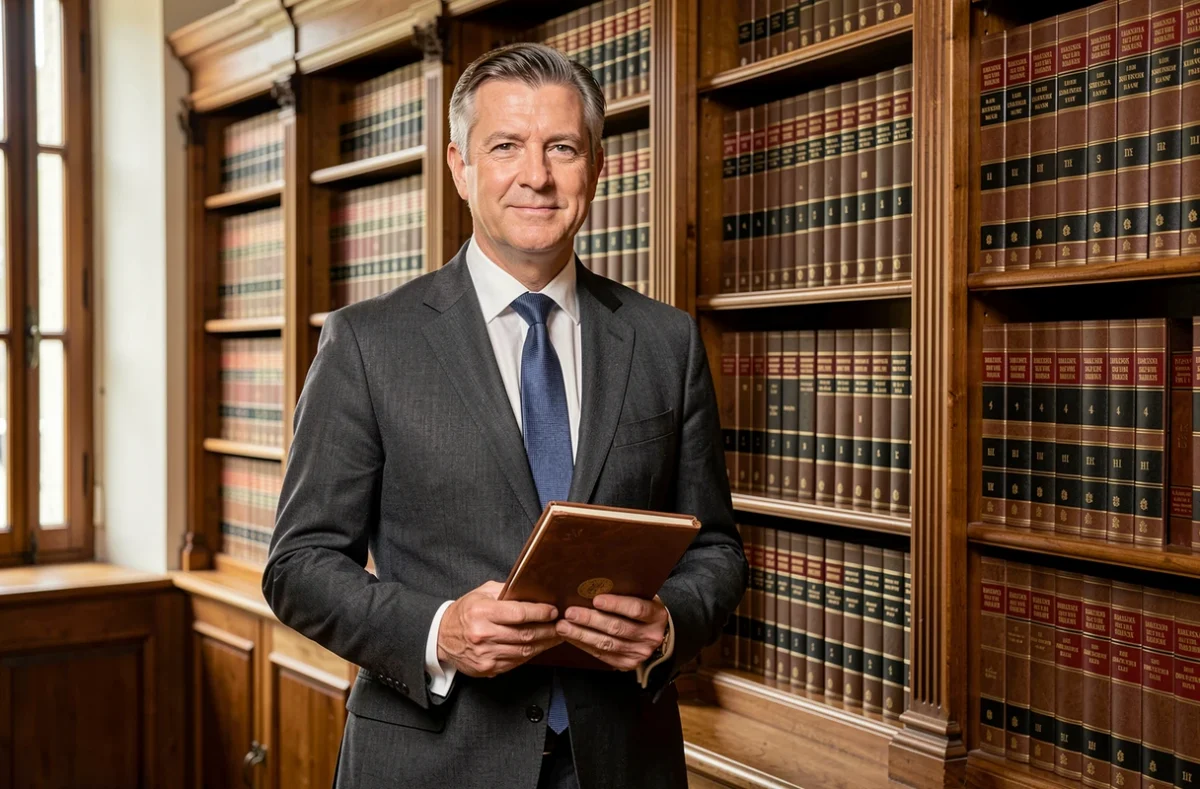Notaire Paul-Emmanuel Château dans son étude toulousaine, debout devant une bibliothèque juridique avec un dossier en main
