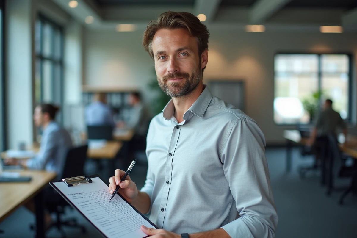 Expert-comptable masculin analysant le calcul d'acompte IS pour une EURL dans un open space professionnel moderne