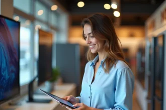 Femme consultant une tablette en magasin Boulanger pour un achat en 4 fois sans frais