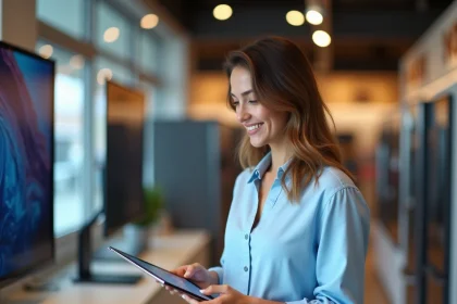 Femme consultant une tablette en magasin Boulanger pour un achat en 4 fois sans frais