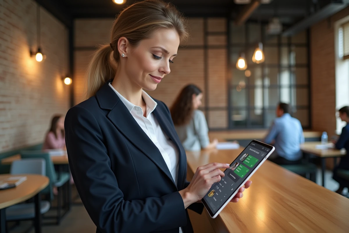 Femme d'affaires utilisant l'application SG Pro de la Société Générale sur tablette dans un espace de co-working moderne