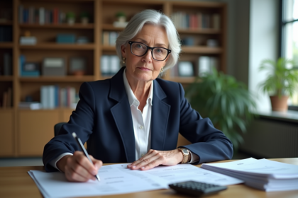 Femme d'affaires en bureau avec documents et calculatrice