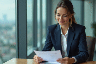 Femme d'affaires en costume navy souriante en réunion