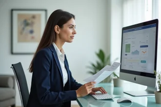 Femme d'affaires gérant des virements et prélèvements sur le portail Cyberplus Entreprise BPS depuis son bureau professionnel