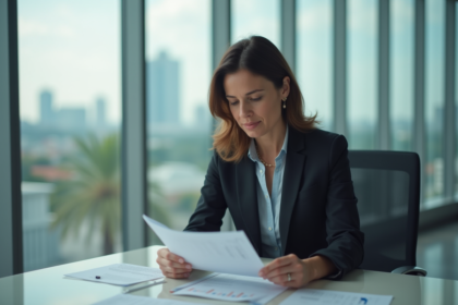 Femme d affaires en costume au bureau avec documents