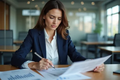 Femme d'affaires relisant une lettre de démission dans un bureau moderne