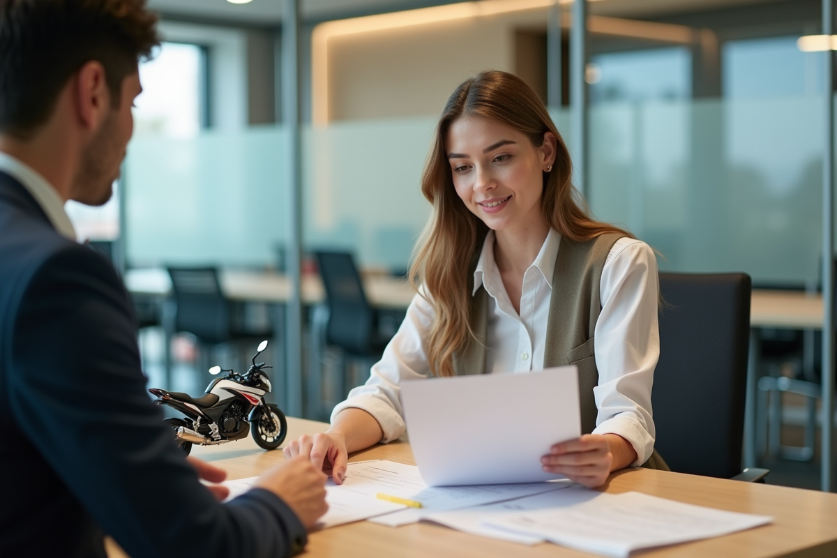 Femme examinant documents avec modèle Yamaha Dax sur bureau