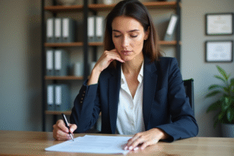 Femme professionnelle examinant un rapport de credit dans un bureau