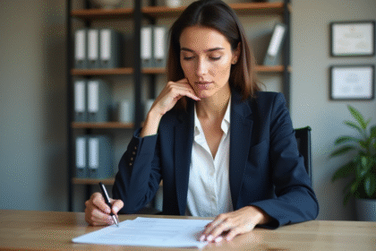 Femme professionnelle examinant un rapport de credit dans un bureau
